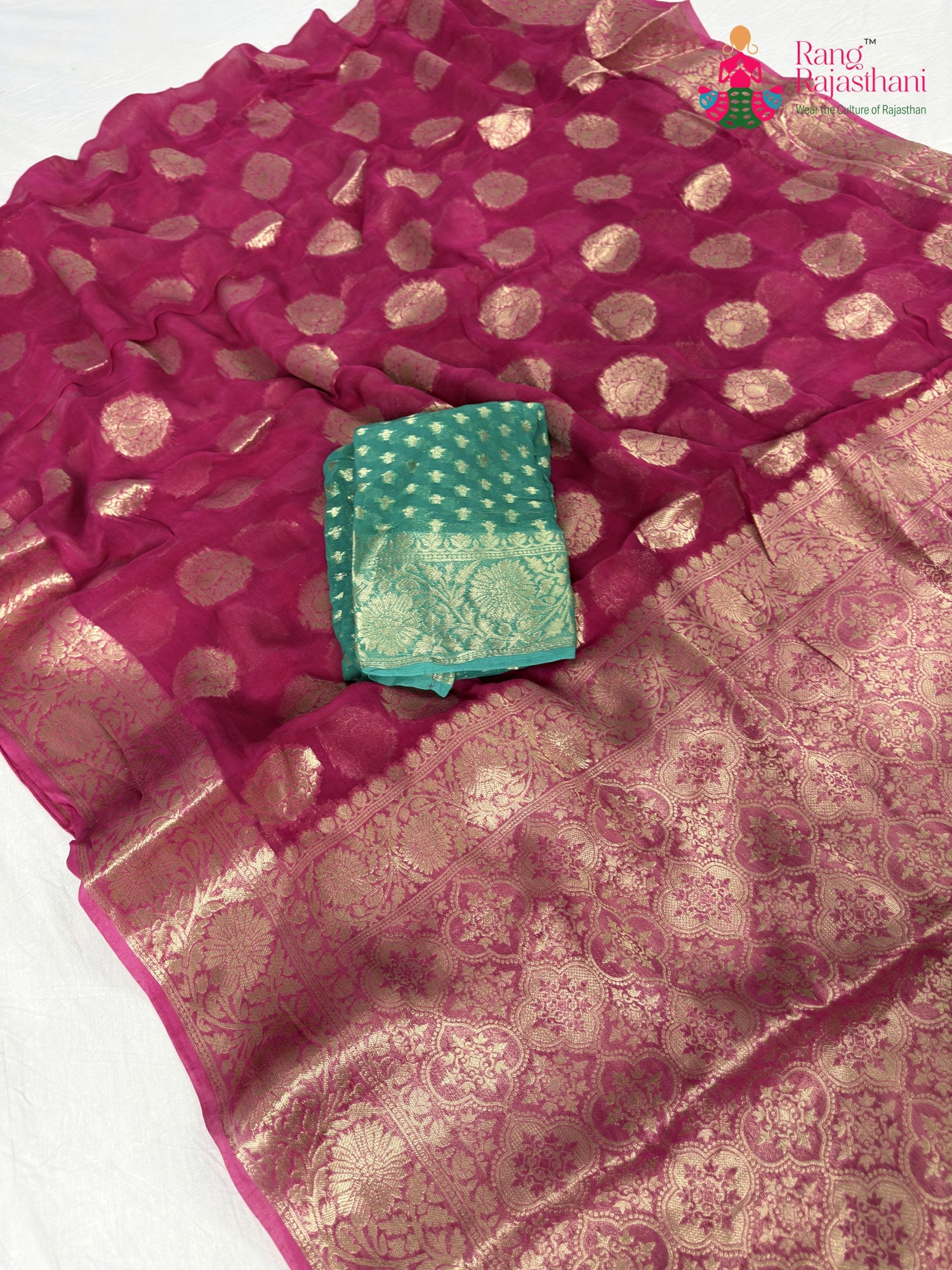 complete look of pink soft georgette banarasi zari weave saree