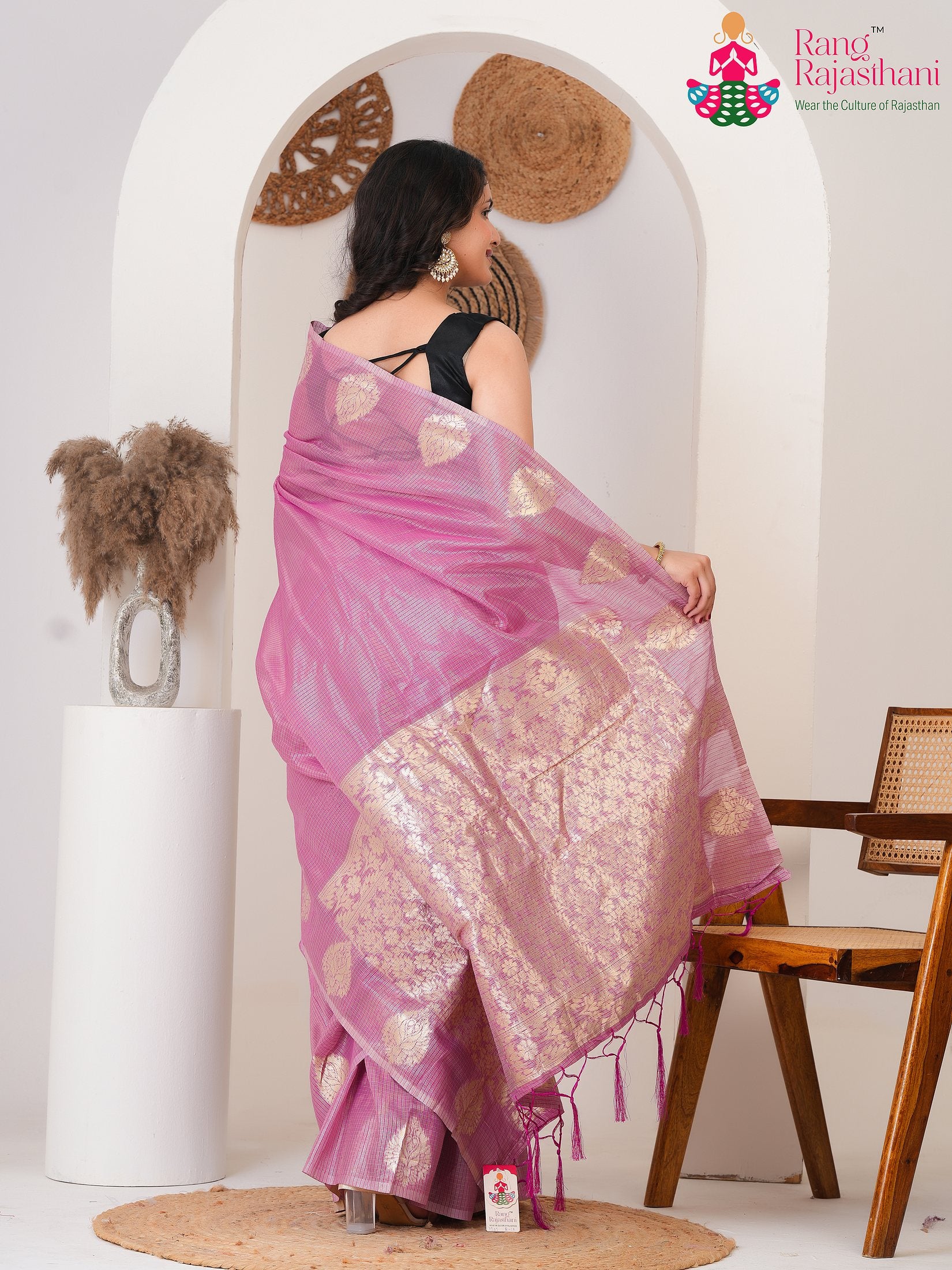 Pink Imported saree with Printed back view