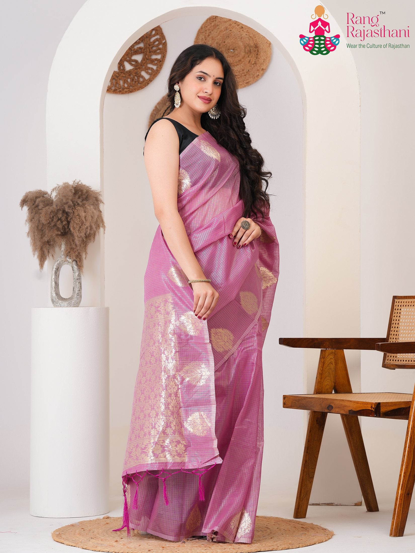 Pink Imported saree with Printed side drape view