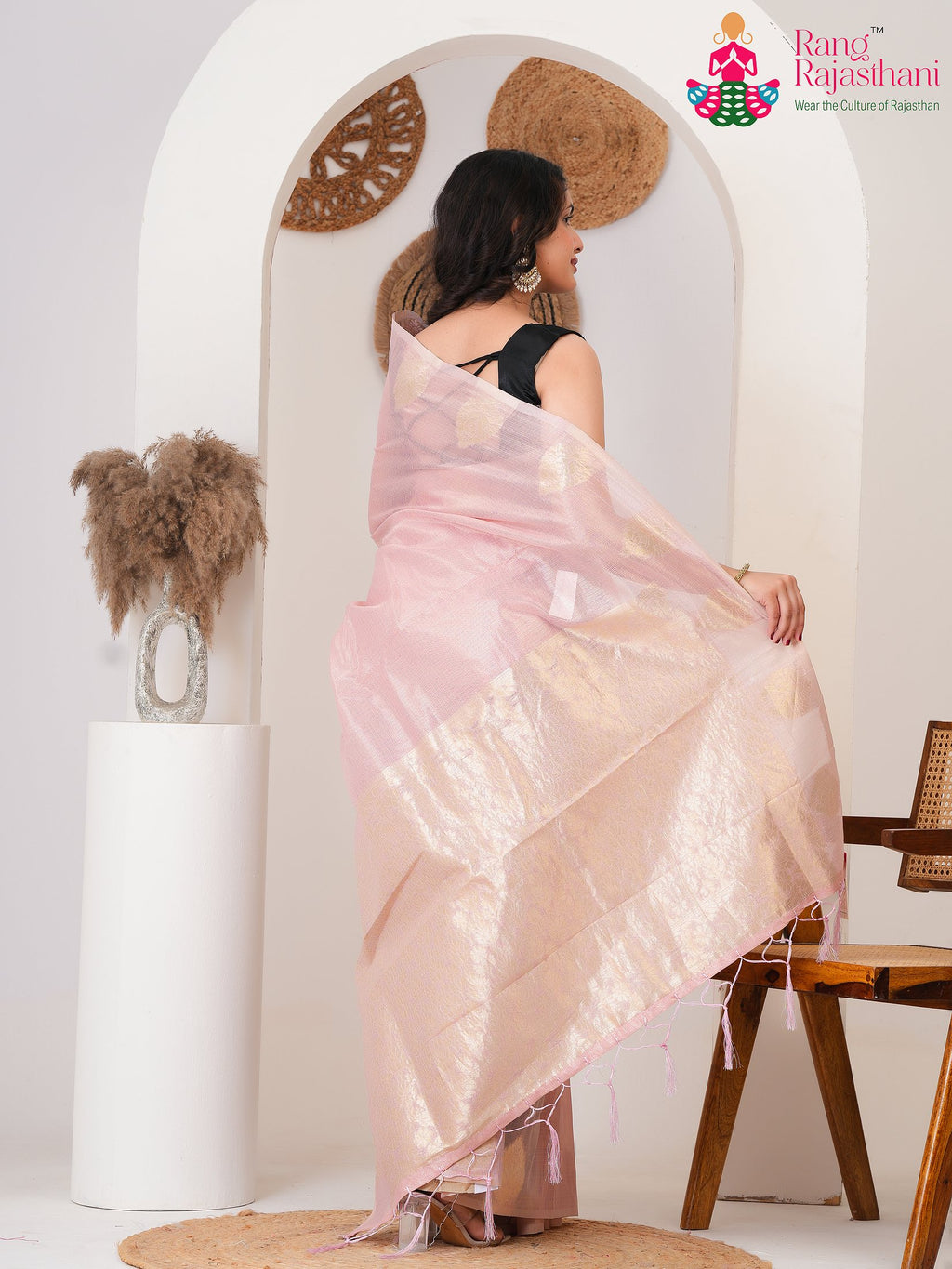 Pink Imported saree with Weaving back view