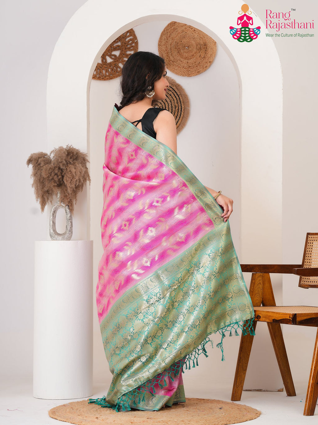 Pink SyntheticSilk saree with Printed back view