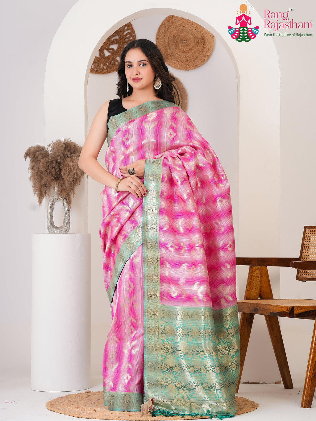 Pink SyntheticSilk Party saree with Printed from Rang Rajasthani