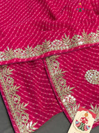 design pattern of pink synthetic gota patti leheriya saree