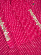 close up view of pink synthetic gota patti leheriya saree