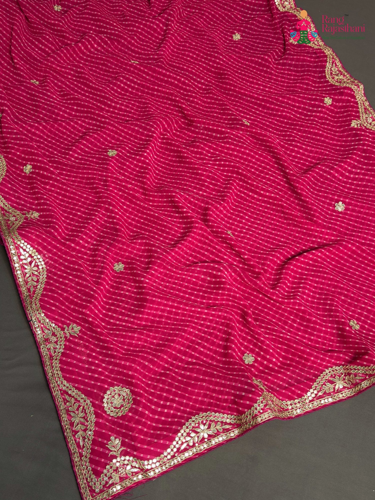 pink synthetic gota patti leheriya saree ethnic wear by Rang Rajasthani