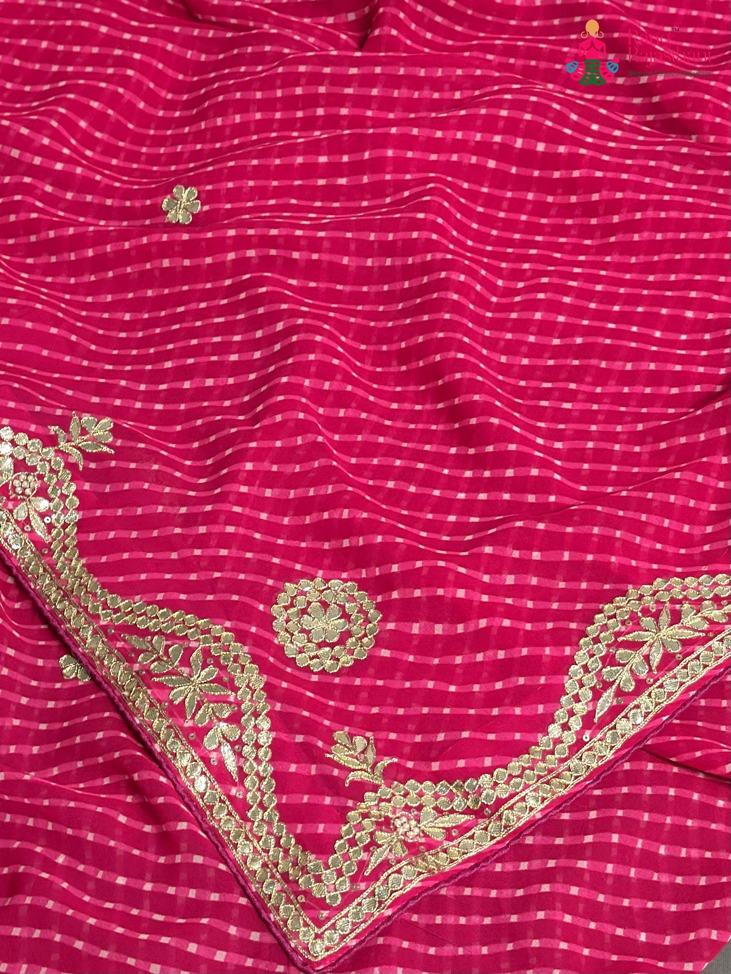 border detail of pink synthetic gota patti leheriya saree