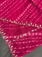 design pattern of pink synthetic gota patti leheriya saree