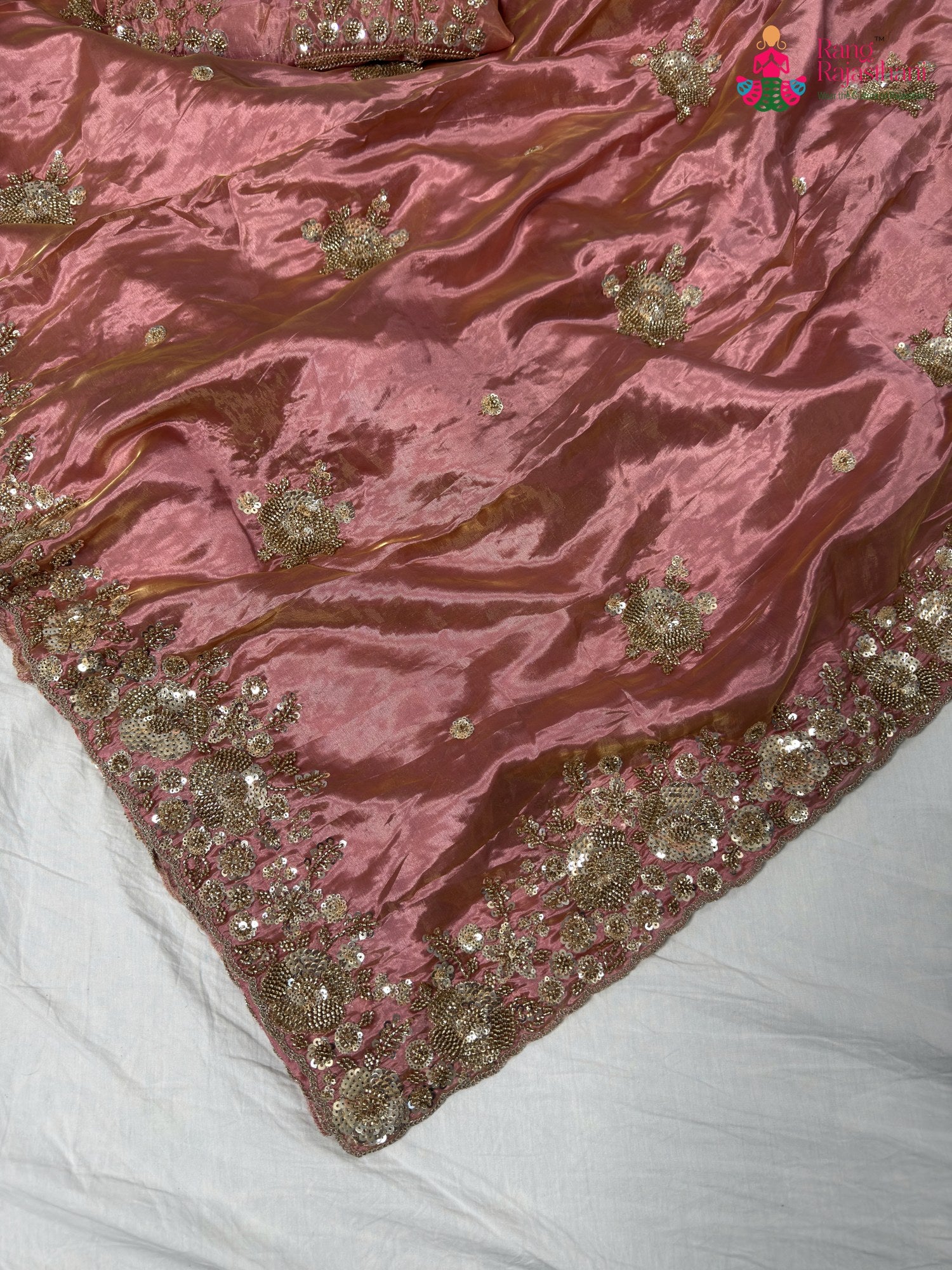 pallu detailing of pink synthetic hand embellishment saree