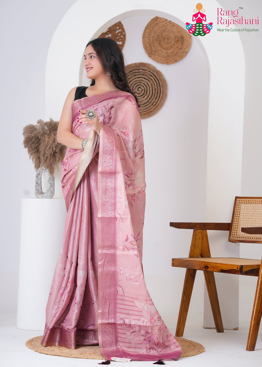 Pink Imported saree with Printed side drape view