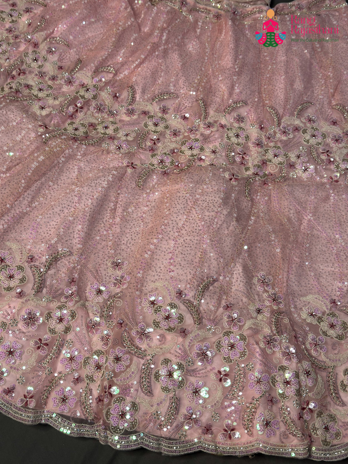 lehenga flare detailing of pink synthetic sequin saree