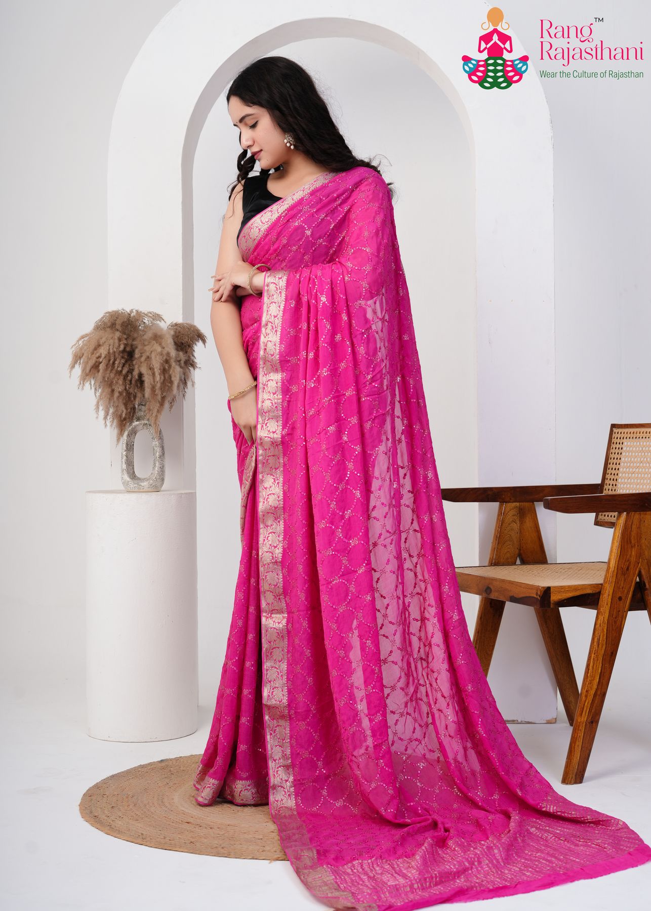 gajri chinnon saree with sequence work for reception ceremony side drape view