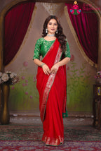 Red Chinon saree with Resham Sequence side drape view