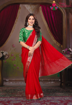 Red Chinnon Plain Saree for Karwa Chauth | Party Wear
