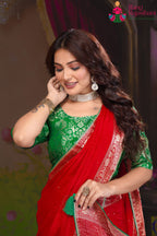 Red Chinon saree with Resham Sequence close up detailing