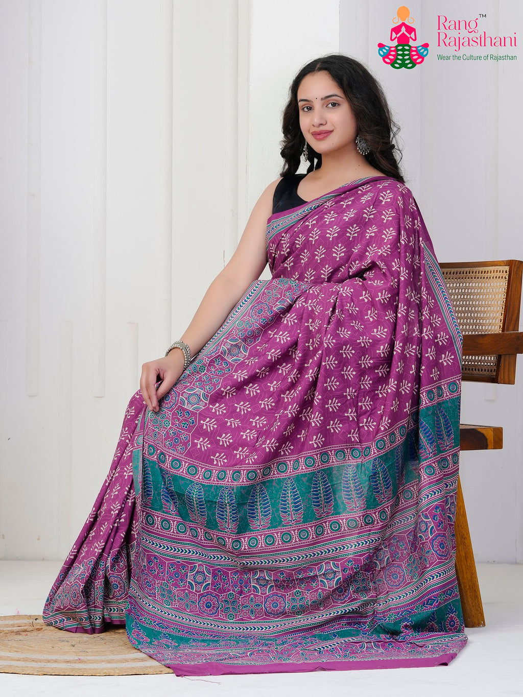 Purple Cotton saree with Printed side drape view