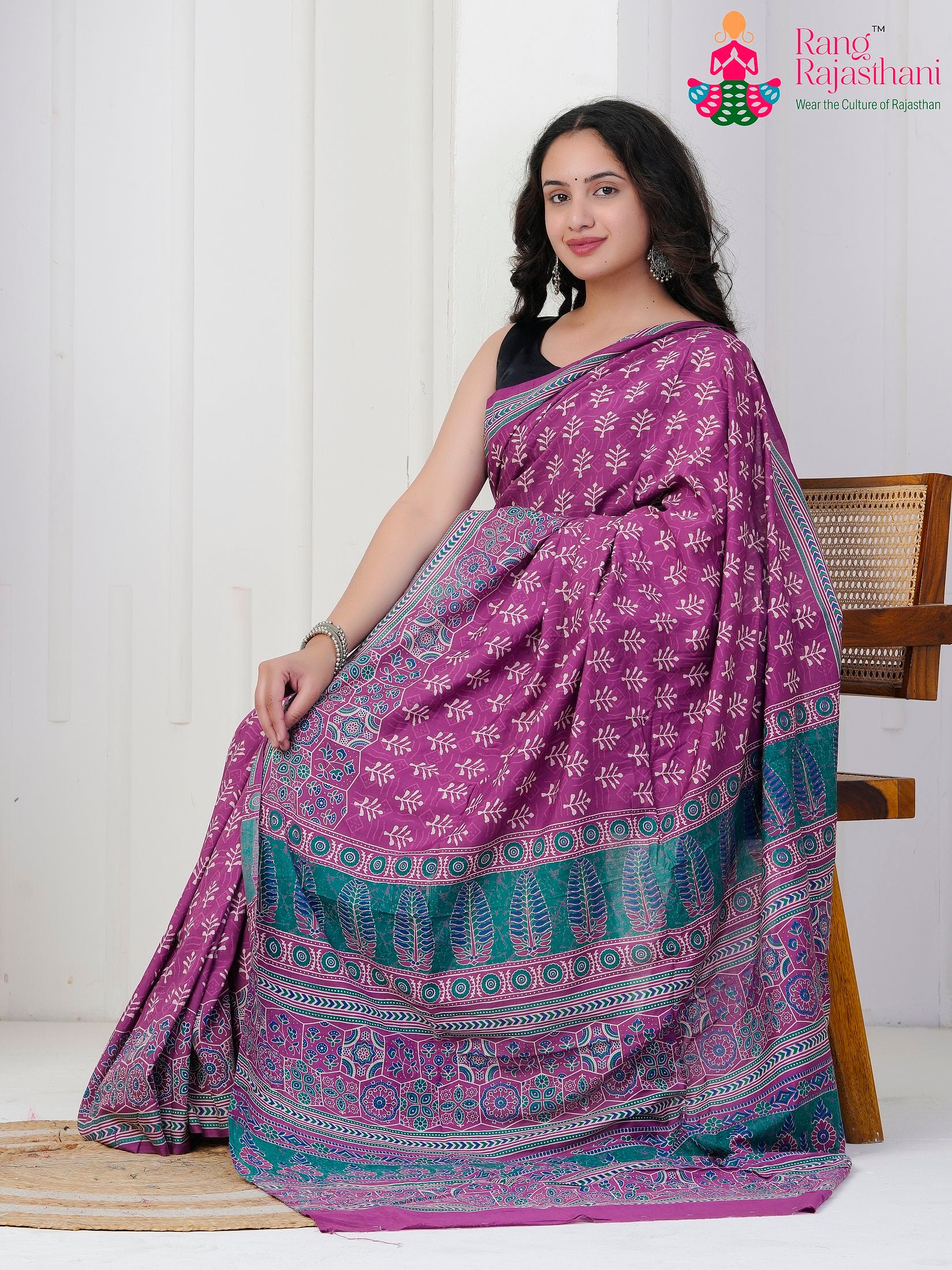 Purple Cotton saree with Printed side drape view