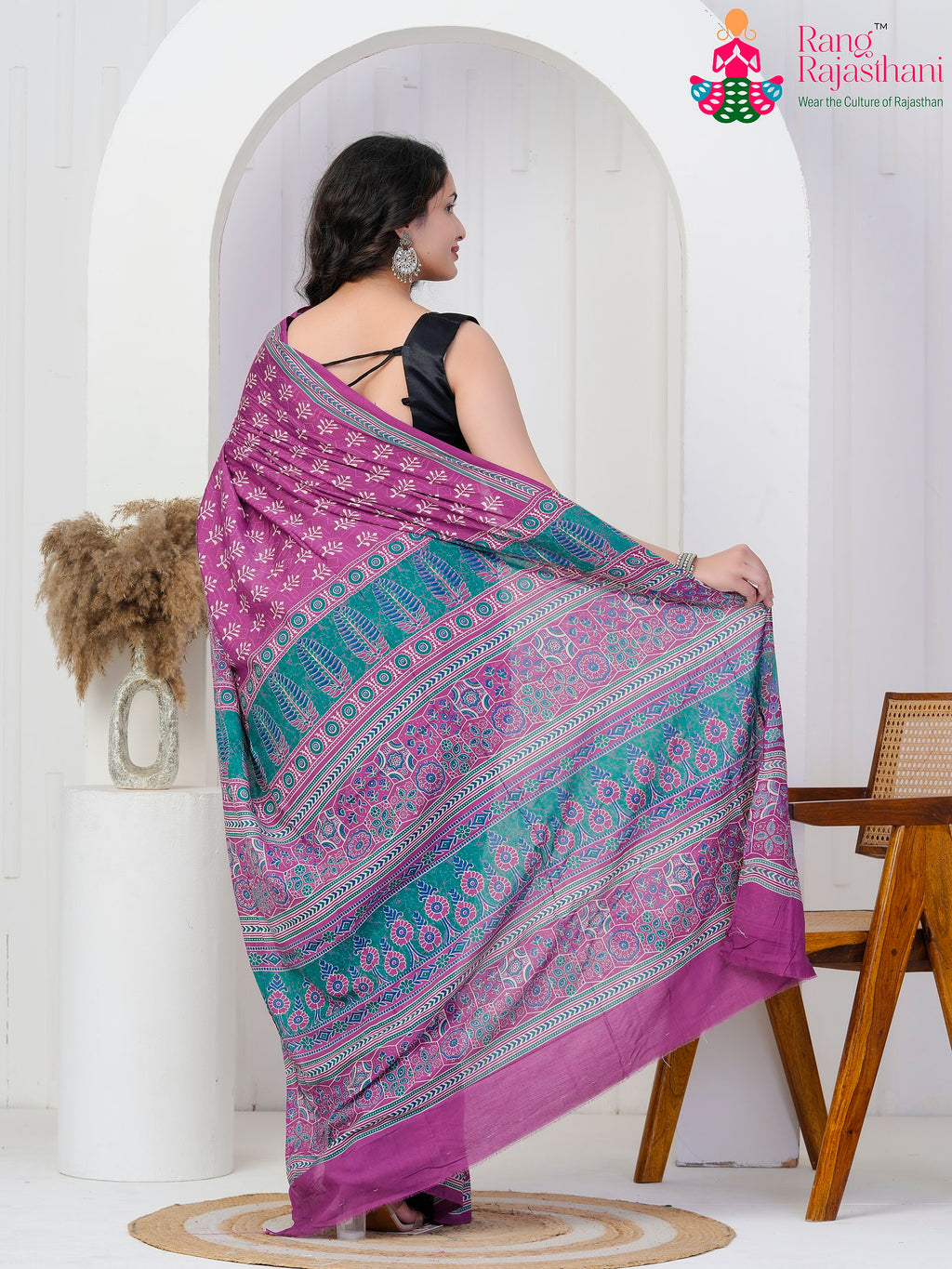 Purple Cotton saree with Printed back view