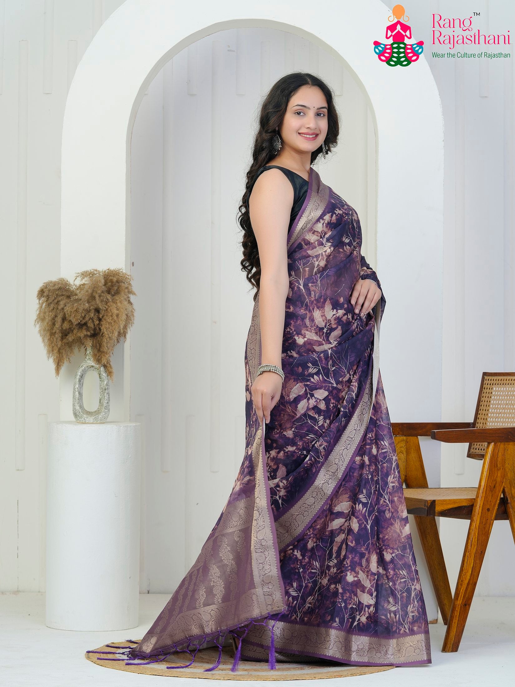 Plum Imported saree with Zari side drape view