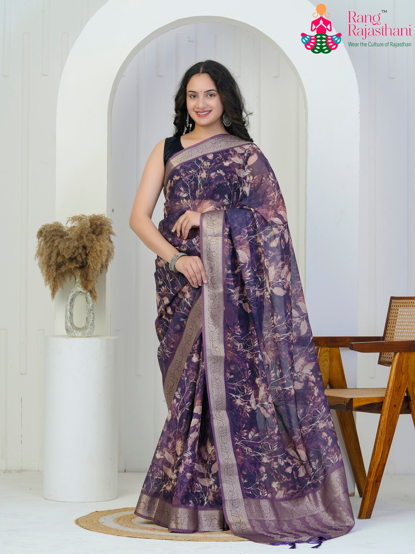 Plum Imported Party saree with Zari from Rang Rajasthani