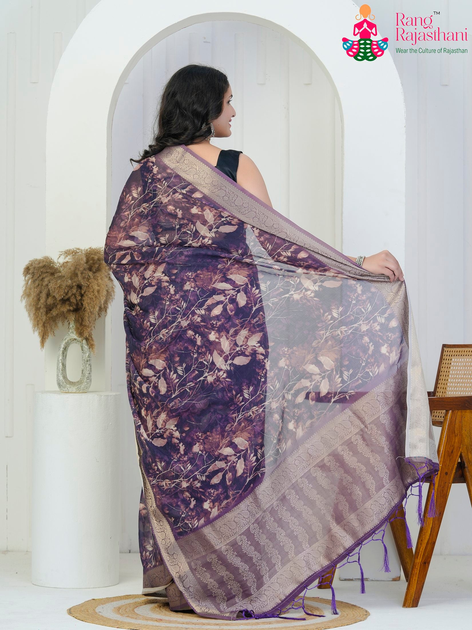 Plum Imported saree with Zari back view