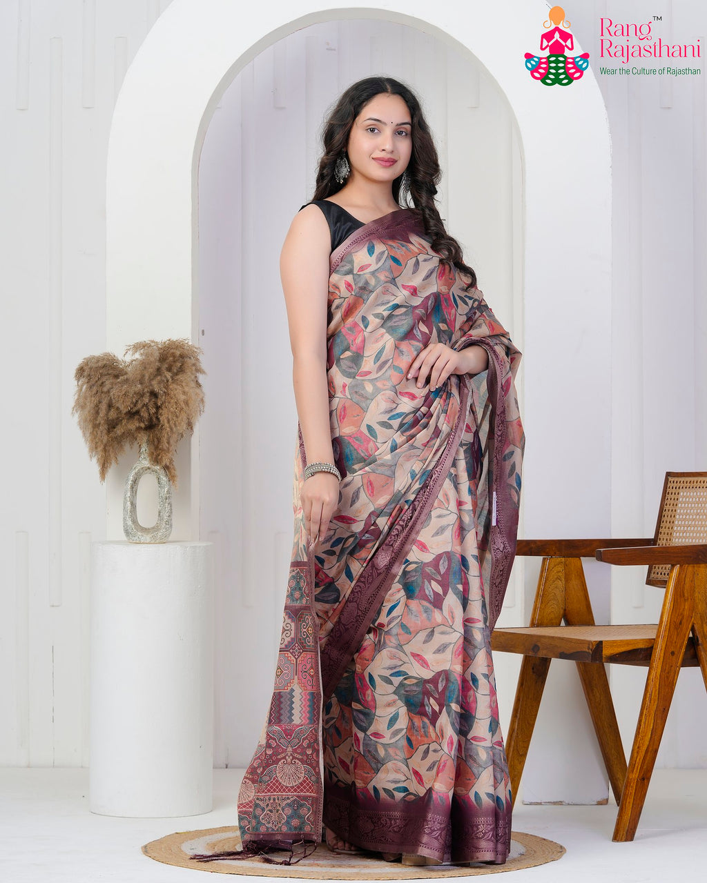 Wine Imported saree with Printed side drape view