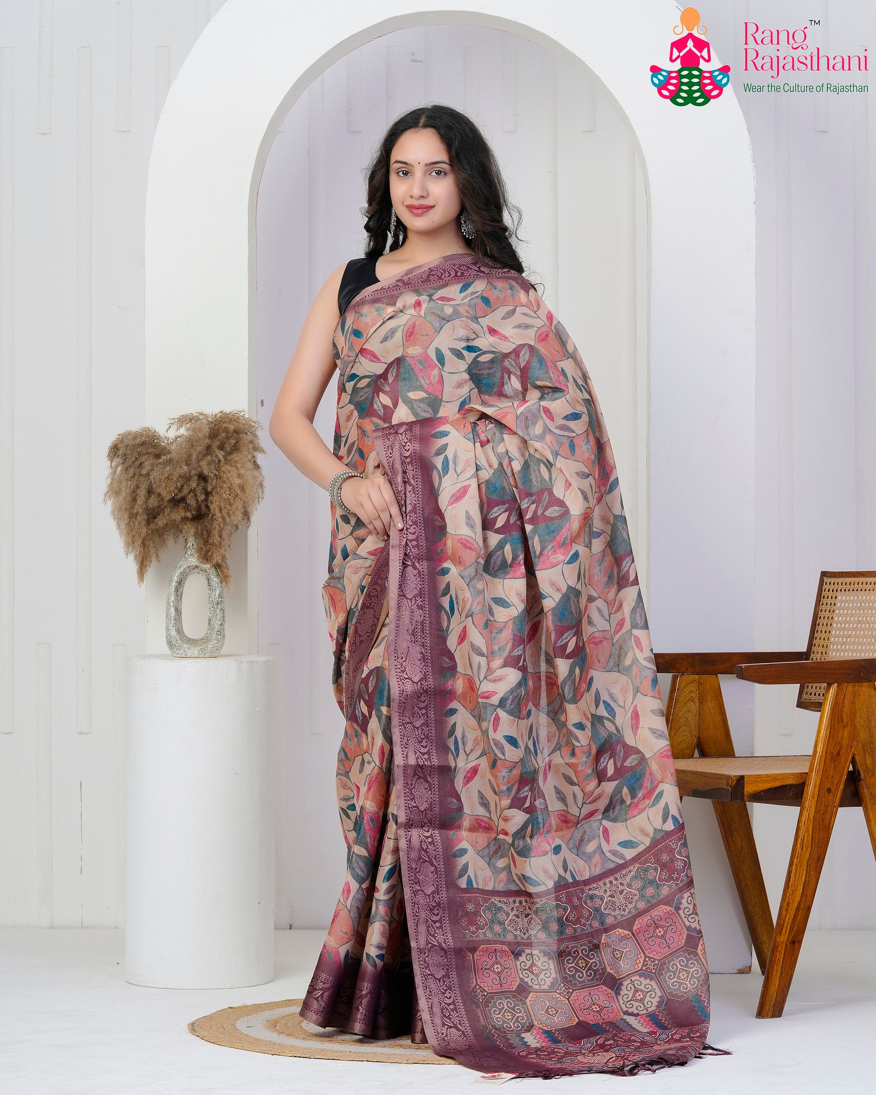 Wine Imported officeParty saree with Printed from Rang Rajasthani