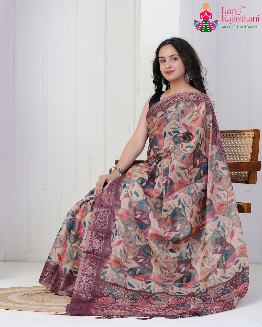 Wine Imported saree with Printed pleats view