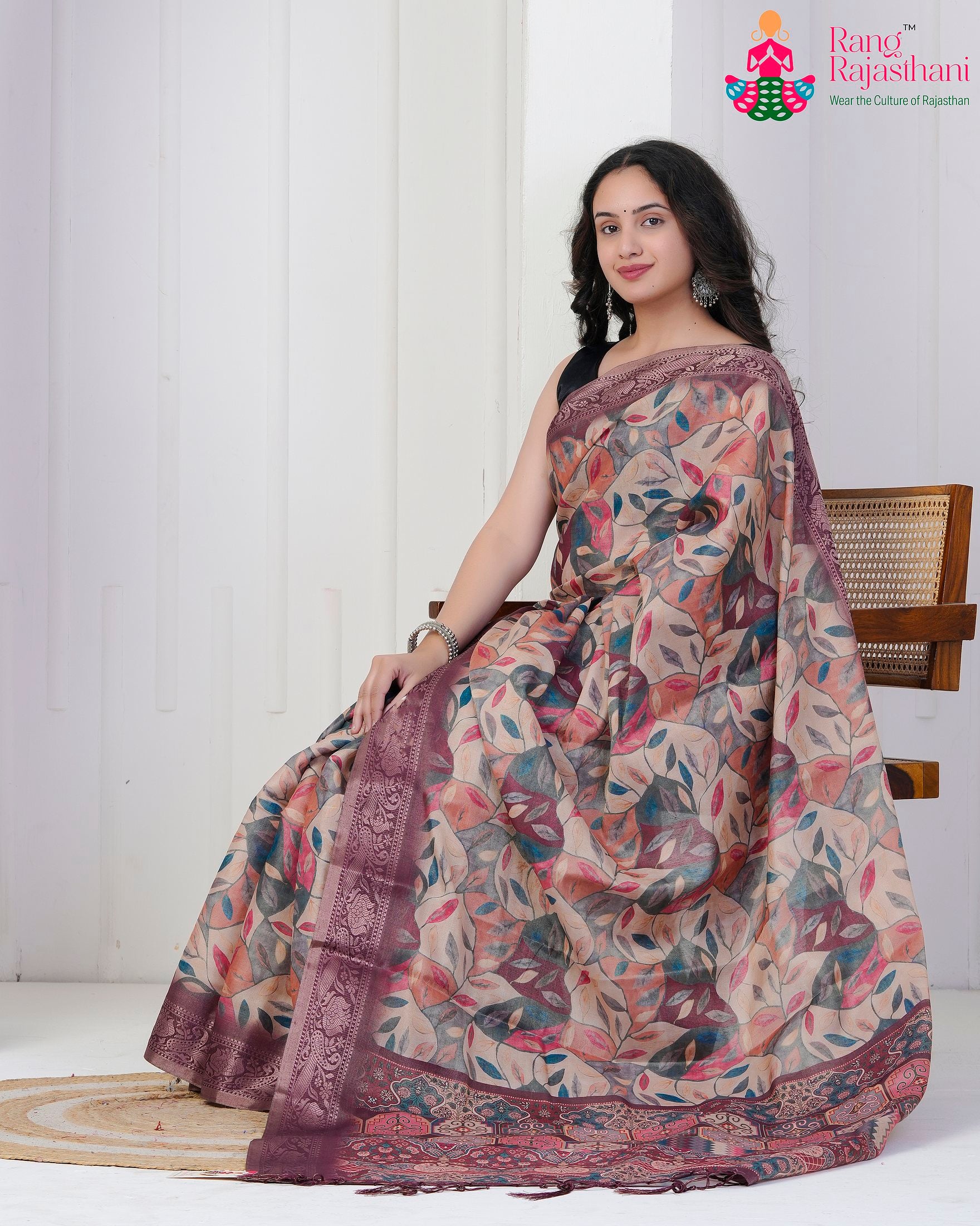 Wine Imported saree with Printed pleats view