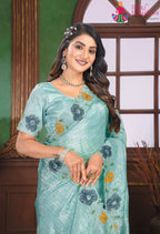 pallu detailing of premium aqua fabric saree 