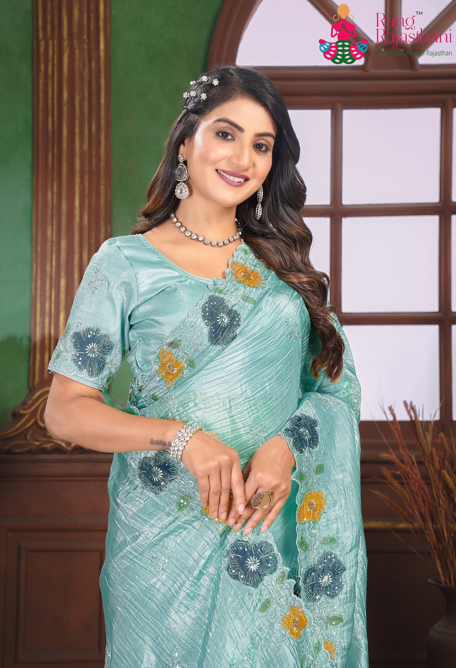 pallu detailing of premium aqua fabric saree 