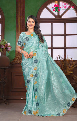 Firozi Art Silk Zari Embroidery Saree for Wedding Guest | Refined Edit