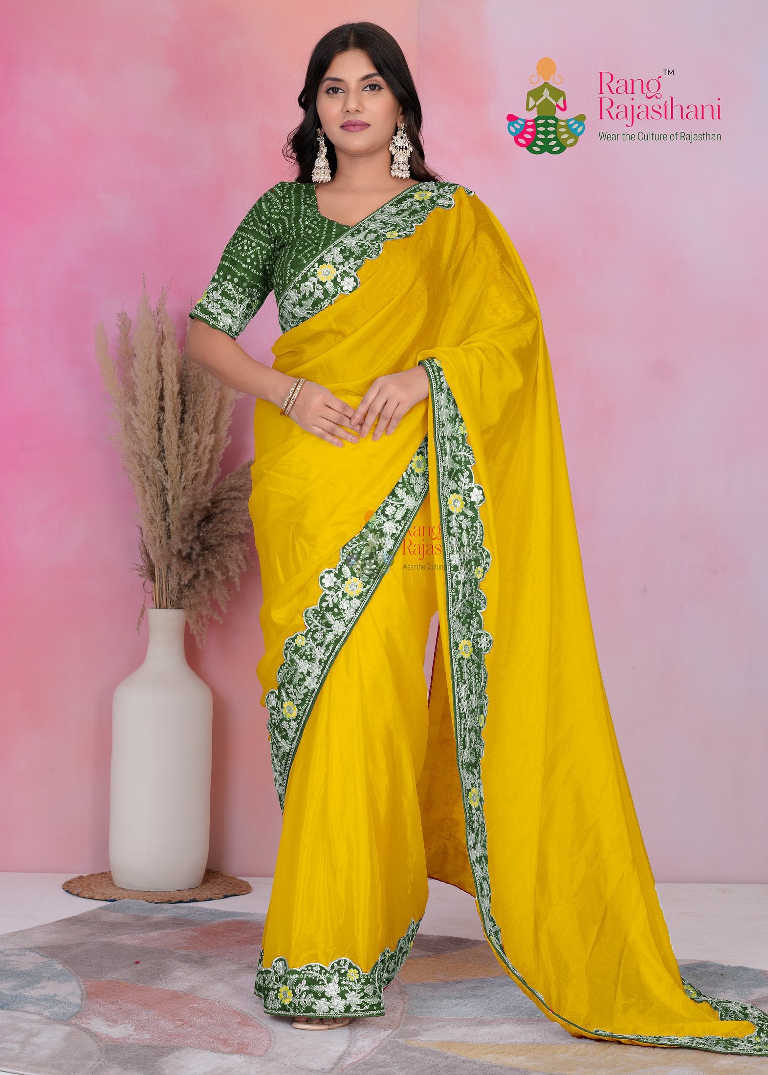 premium yellowr fabric saree  for haldi ceremony by Rang Rajasthani