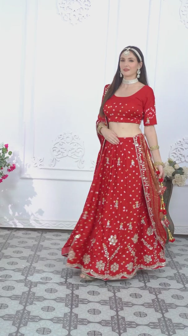 Red Gajji Silk Bandhani Lehenga Chunni for Wedding Reception | Order Online