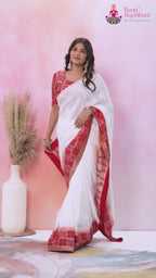 White Pure Russian Silk Banarasi Zari Weave Faag Saree for Wedding Guest | Trending Pick