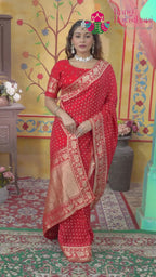 Red Pure Dola Silk Banarasi Zari Weave Chunri Saree for Wedding Guest | Festive Wear