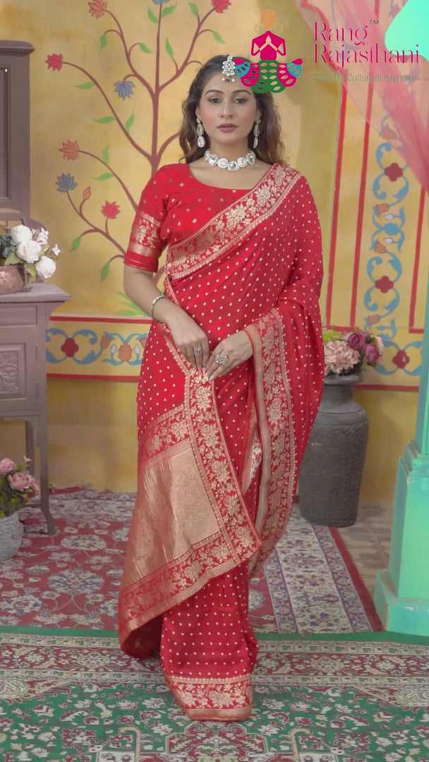 Red Pure Dola Silk Banarasi Zari Weave Chunri Saree for Wedding Guest | Festive Wear