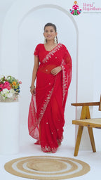 Red Synthetic Zari Embroidery Saree for Karwa Chauth | Authentic Craft