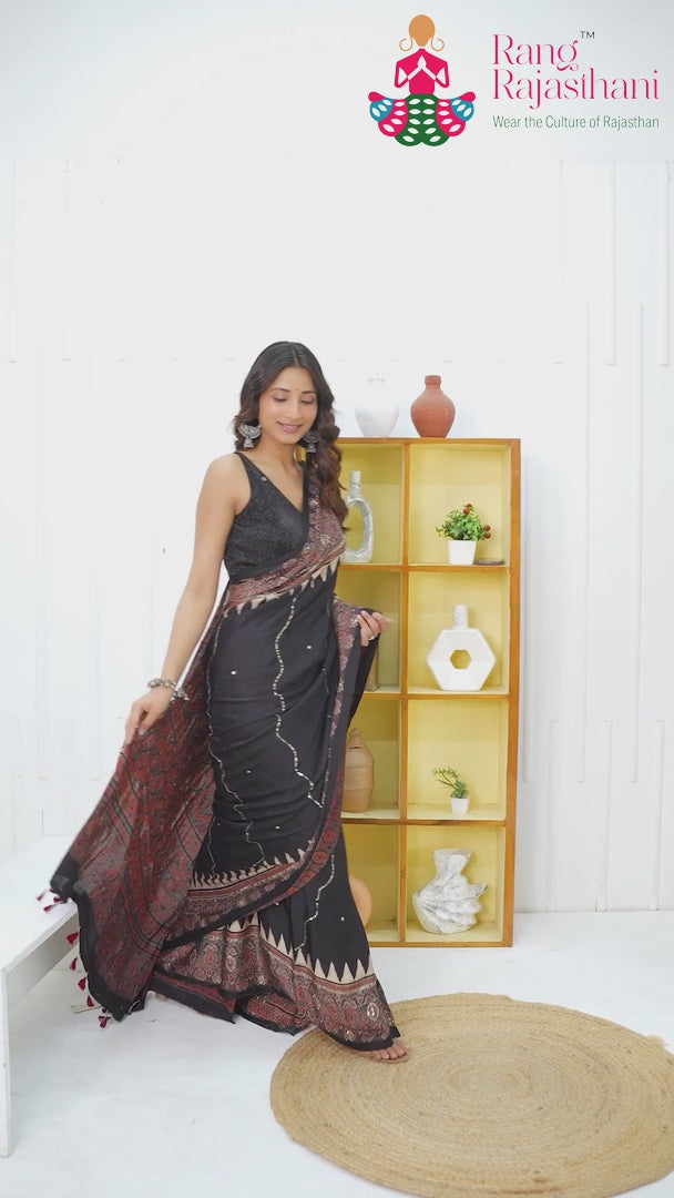 Black Modal Ajrakh Print Saree for Wedding Reception | Shop Now
