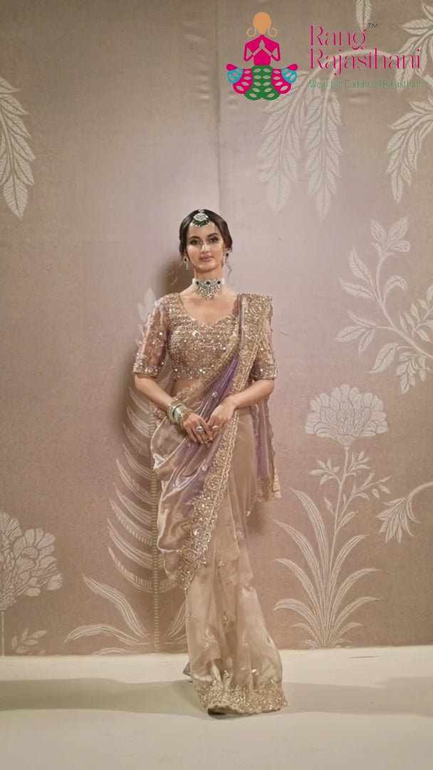 Beige Synthetic Hand Embellishment Saree for Bridal | Festive Pick
