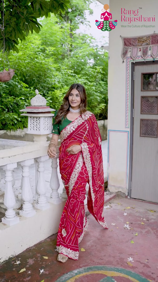 Red Soft Georgette Bandhani Chunri Saree for Mayra Ceremony | Traditional Edit