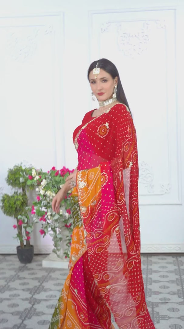 Red Soft Georgette Bandhani Saree for Mayra Ceremony | Luxe Collection
