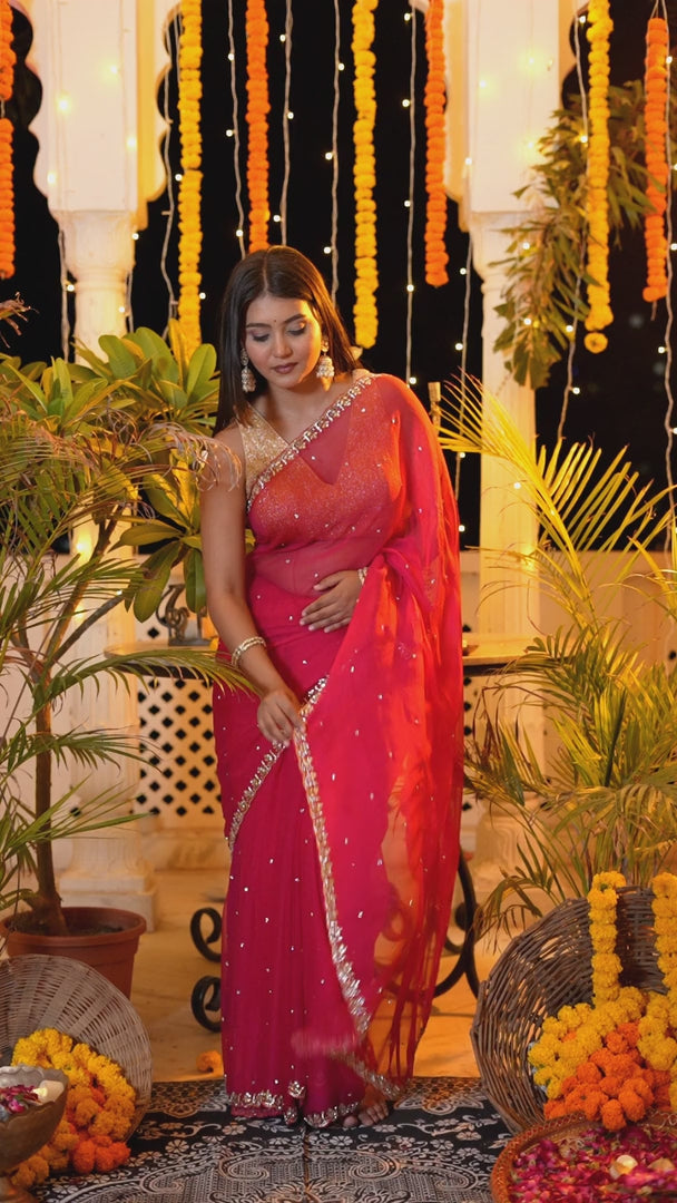 Rani Pure Chiffon Hand Embellishment Saree for Red Puja Sarees | Order Online