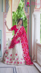 Beige Silk Bandhani Gharchola Lehenga Chunni for Wedding Reception | Bridal Edit