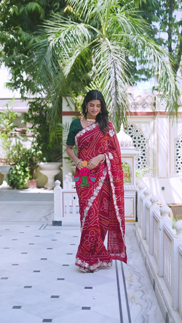 Red Soft Georgette Bandhani Chunri Saree for Mayra Ceremony | Season Edit