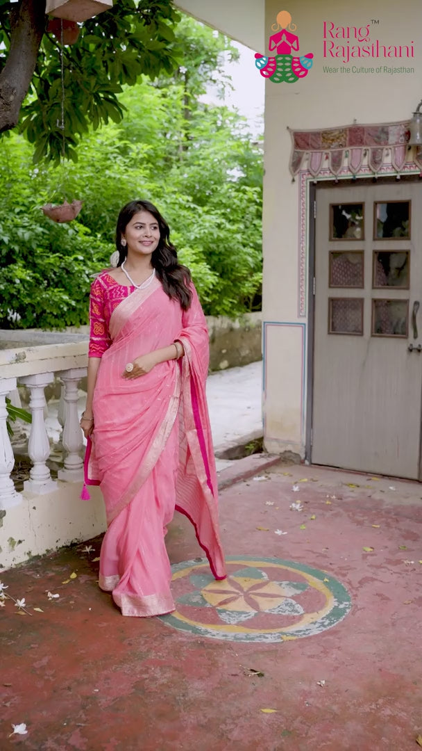 Pink Chinnon Plain Saree for Sangeet Night | Luxury Edit