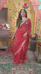 Red Soft Georgette Bandhani Chunri Saree for Mayra Ceremony | Handpicked Pick