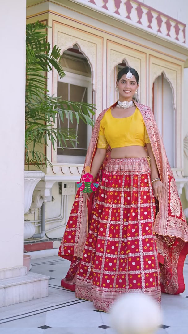 Red Silk Banarasi Zari Weave Gharchola Lehenga Chunni for Haldi Ceremony | Curated Look