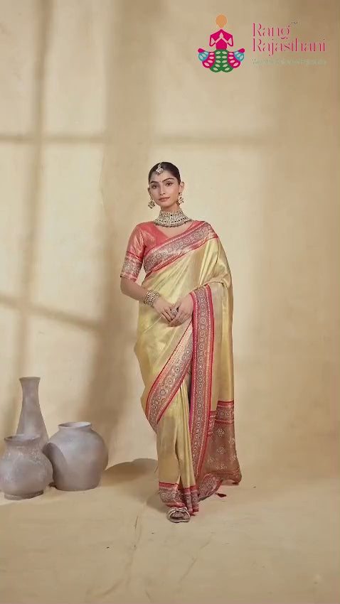 Beige Synthetic Banarasi Zari Weave Saree for Bridal | Exclusive Pick