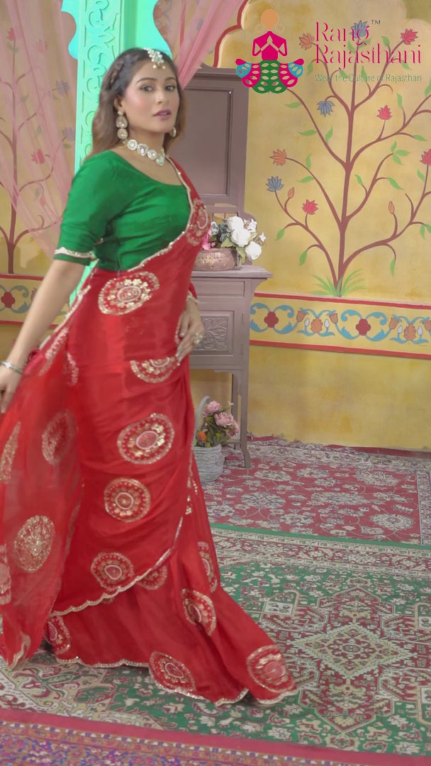 Red Chinnon Banarasi Zari Weave Saree for Wedding Guest | Latest Edit