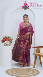 Wine Pure Russian Silk Hand Embellishment Chunri Saree for Wedding Guest | Signature Drape